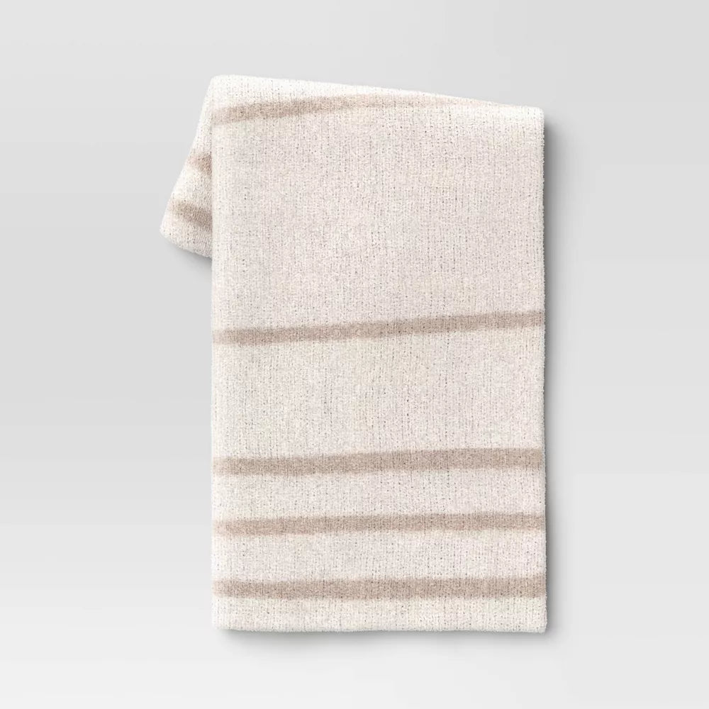 Cozy Feathery Knit Border Striped Throw Blanket