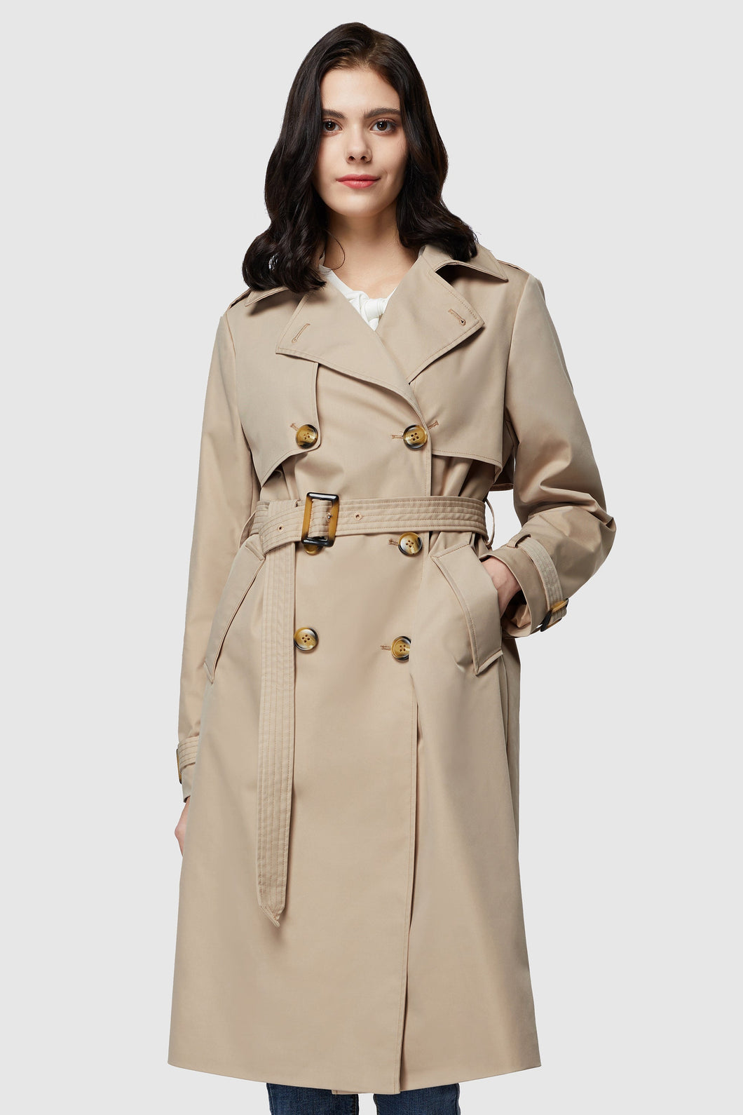 3/4 Length Belted Double-Breasted Trench Coat